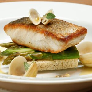 A gourmet fish dish served with clams and asparagus on a white plate.