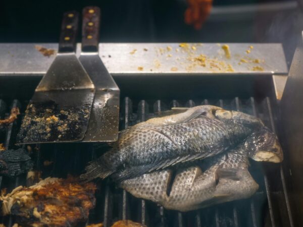 A whole tilapia fish grilling on an outdoor barbecue, capturing a smoky and savory experience.